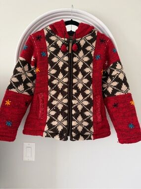 Women's Red Patterned Hooded Zip Cardigan Sweater cottagecore